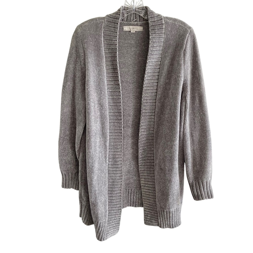 Loft Grey Chenille Open Front Cardigan Sweater Large Shawl Collar Ribbed Knit